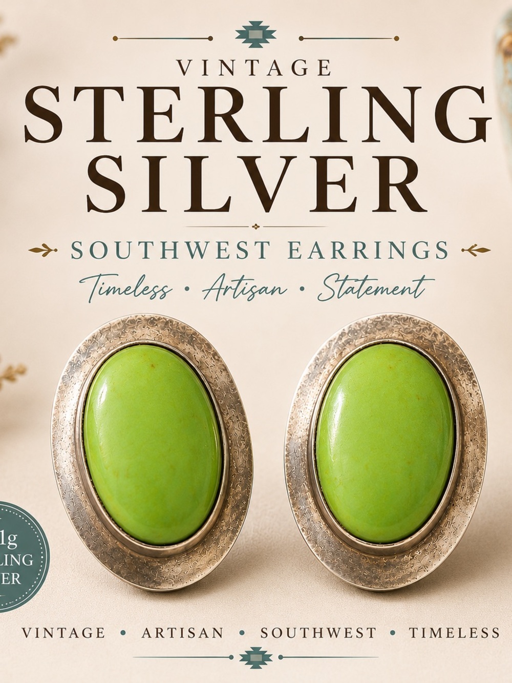 Vintage Sterling Silver Green Cabochon Statement Earrings Southwest